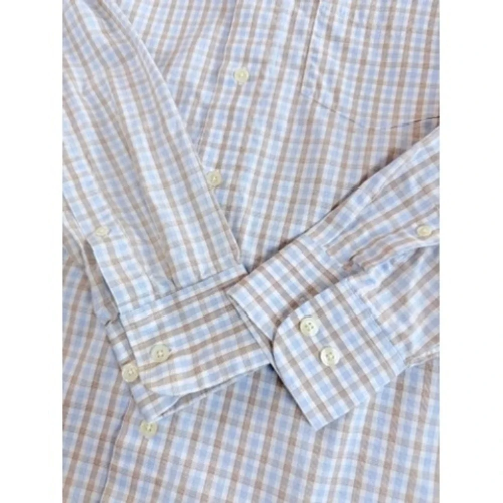 J.Crew Button Down Shirt‎ Mens S Tan Blue Plaid Long Sleeve Slim Fit